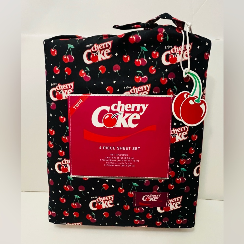 Cherry Coke Twin Size 4 Piece Sheet Set Black Red White Green